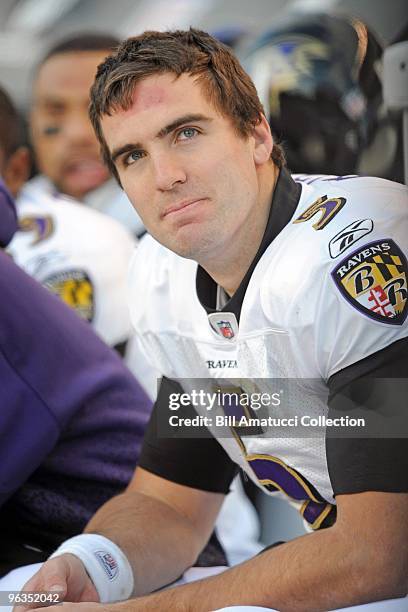 Quarterback Joe Flacco of the Baltimore Ravens on the sidelines during a game on December 27, 2009 against the Pittsburgh Steelers at Heinz Field in...