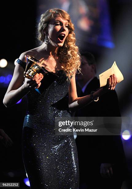 Taylor Swift accepts award onstage at the 52nd Annual GRAMMY Awards held at Staples Center on January 31, 2010 in Los Angeles, California.
