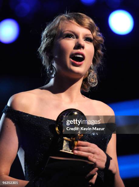 Taylor Swift accepts award at the 52nd Annual GRAMMY Awards held at Staples Center on January 31, 2010 in Los Angeles, California.