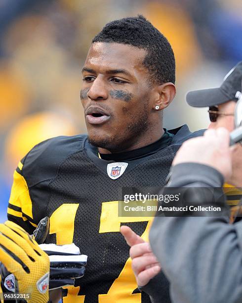 Wide receiver Mike Wallace of the Pittsburgh Steelers on the sidelines during a game on December 27, 2009 against the Baltimore Ravens at Heinz Field...