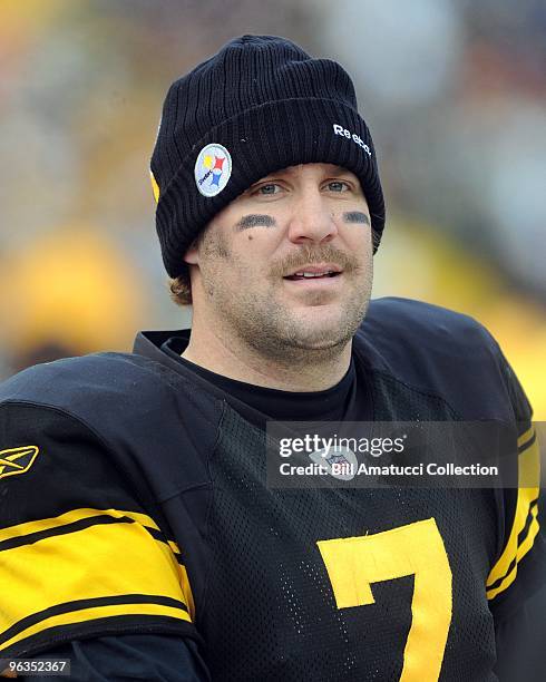 Quarterback Ben Roethlisberger of the Pittsburgh Steelers on the sidelines during a game on December 27, 2009 against the Baltimore Ravens at Heinz...