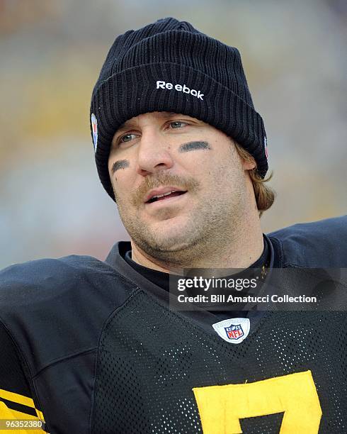 Quarterback Ben Roethlisberger of the Pittsburgh Steelers on the sidelines during a game on December 27, 2009 against the Baltimore Ravens at Heinz...