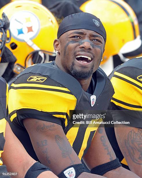 Wide receiver Santonio Holmes of the Pittsburgh Steelers on the sidelines during a game on December 27, 2009 against the Baltimore Ravens at Heinz...