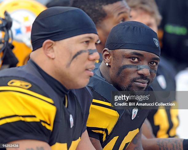 Wide receivers Hines Ward and Santonio Holmes of the Pittsburgh Steelers on the sidelines during a game on December 27, 2009 against the Baltimore...