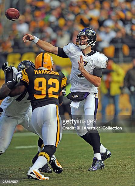 Quarterback Joe Flacco of the Baltimore Ravens throws a pass during a game on December 27, 2009 against the Pittsburgh Steelers at Heinz Field in...
