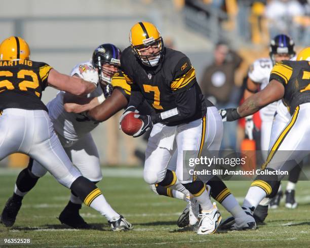 Quarterback Ben Roethlisberger of the Pittsburgh Steelers turns to hand the ball off during a game on December 27, 2009 against the Baltimore Ravens...