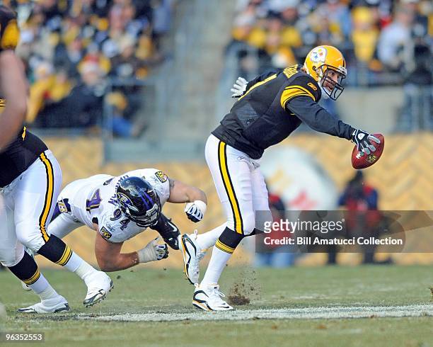 Quarterback Ben Roethlisberger of the Pittsburgh Steelers in action during a game on December 27, 2009 against the Baltimore Ravens at Heinz Field in...