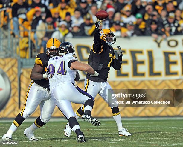 Quarterback Ben Roethlisberger of the Pittsburgh Steelers throws a pass during a game on December 27, 2009 against the Baltimore Ravens at Heinz...