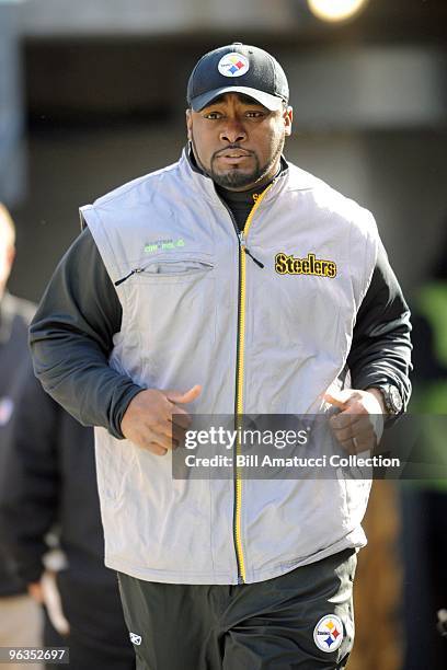 Head coach Mike Tomlin of the Pittsburgh Steelers jogs onto the field prior to a game on December 27, 2009against the Baltimore Ravens at Heinz Field...