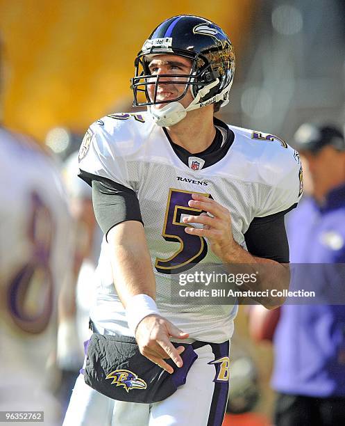 Quarterback Joe Flacco of the Baltimore Ravens warms up prior to a game on December 27, 2009 against the Pittsburgh Steelers at Heinz Field in...