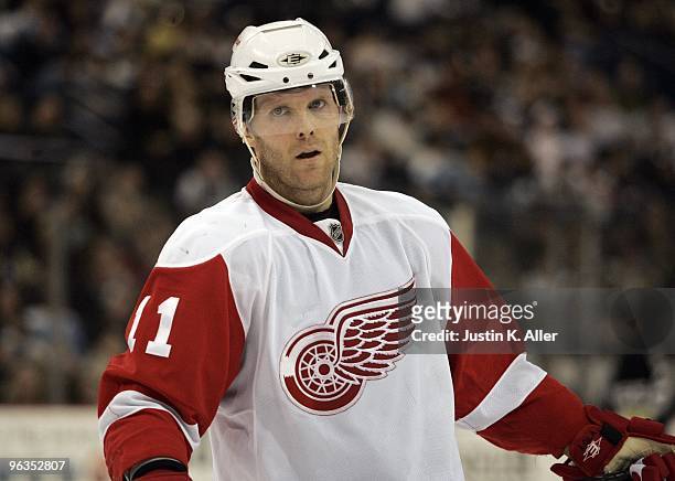 Daniel Cleary of the Detroit Red Wings skates against the Pittsburgh Penguins at Mellon Arena on January 31, 2010 in Pittsburgh, Pennsylvania. The...