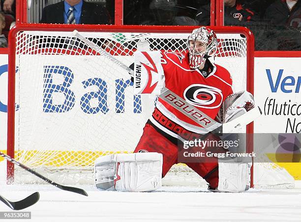 Cam Ward of the Carolina Hurricanes deflects a shot on goal during a NHL game against the New York Islanders on January 28, 2010 at RBC Center in...