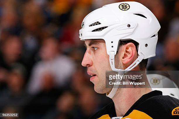 Zdeno Chara of the Boston Bruins waits for a faceoff against the Buffalo Sabres on January 29, 2010 at HSBC Arena in Buffalo, New York.