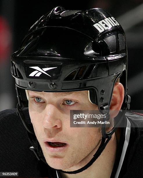 Dean McAmmond of the New Jersey Devils looks on against the Los Angeles Kings during the game at the Prudential Center on January 31, 2010 in Newark,...