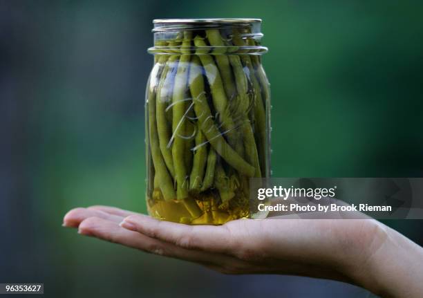 canned green beans - pickle jar stockfoto's en -beelden