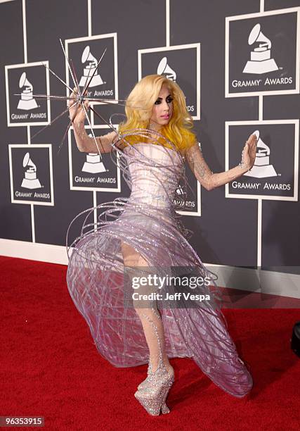 Singer Lady Gaga arrives at the 52nd Annual GRAMMY Awards held at Staples Center on January 31, 2010 in Los Angeles, California.