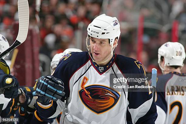 Pavel Kubina of the Atlanta Thrashers celebrates a goal against the Philadelphia Flyers on January 28, 2010 at the Wachovia Center in Philadelphia,...