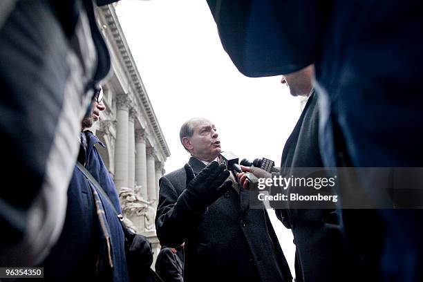 Irving Picard, partner at Baker & Hostetler LLP, speaks to the media outside U.S. Bankruptcy Court in New York, U.S., on Tuesday, Feb. 2, 2010. The...