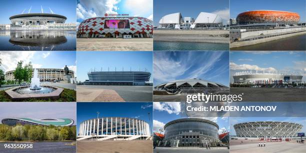 This combination of pictures created on May 29, 2018 shows top : the 67,000-seater Saint Petersburg Stadium in Saint Petersburg, the 45,000-seater...