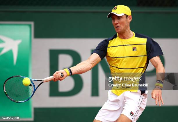 Matthew Ebden of Australia plays a forehand dyring the mens singles first round match against Thomas Fabbiano of Italy during day three of the 2018...