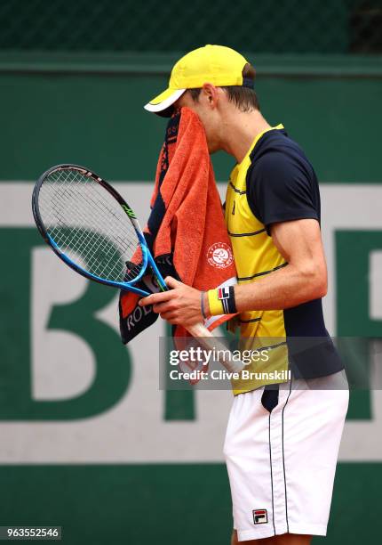 Matthew Ebden of Australia reacts dyring the mens singles first round match against Thomas Fabbiano of Italy during day three of the 2018 French Open...