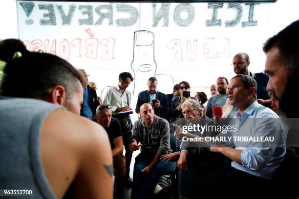 Benoit Hamon , leader of the left-wing political movement Generations , speaks during a meeting with seven employees of the Centre Hospitalier Du...