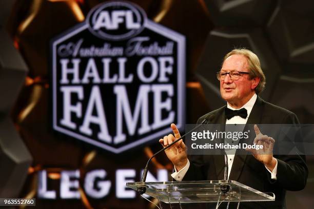 Legend inductee Essendon Bombers coach and Richmond Tigers footballer Kevin Sheedy speaks on stageduring the Australian Football Hall of Fame at...
