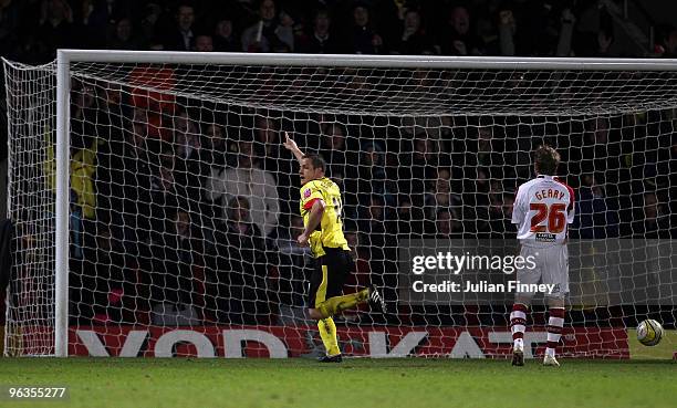 Heidar Helguson of Watford celebrates after scoring his team's 2:0 goal during the Coca-Cola Championship match between Watford and Sheffield United...