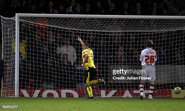 Heidar Helguson of Watford celebrates after scoring his team's 2:0 goal during the Coca-Cola Championship match between Watford and Sheffield United...