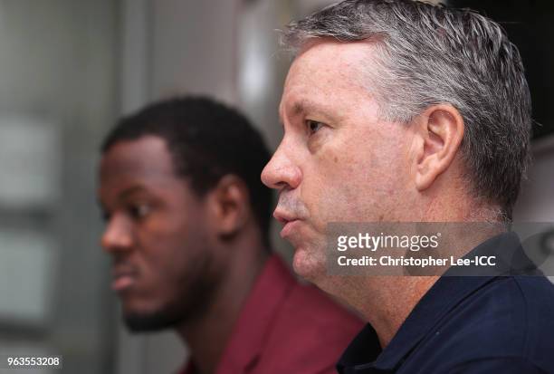 Carlos Braithwaite and Stuart Law of the West Indies talk to the media ICC World XI and West Indies T20 Press Conferences at Lord's Cricket Ground on...
