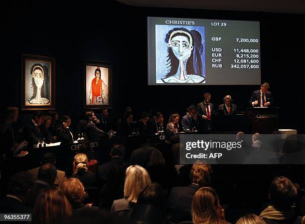 An auctioneer notes the final sale price for Picasso's portrait entitled Tete de femme. Eventually selling for 7,2000.000 British Pounds , it formed...