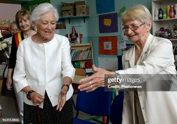 Brussels 29.05.18 - Visite de la reine Paola à l'école communale Arc-en-Ciel de Molenbeek - Bezoek van koningin Paola aan de gemeentelijke...