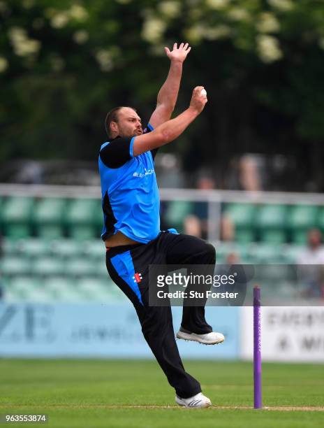 Royals bowler Joe Leach in action during the Royal London One Day Cup match between Worcestershire and Leicestershire at New Road on May 29, 2018 in...