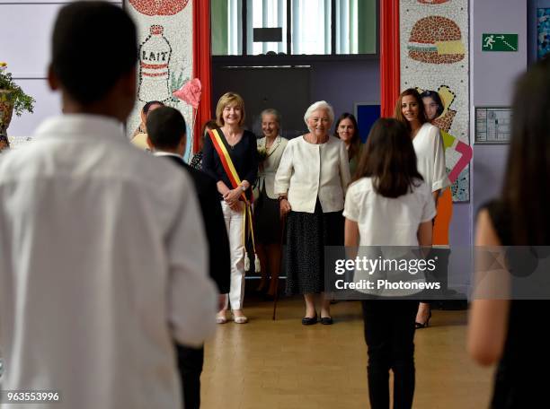 Brussels 29.05.18 - Visite de la reine Paola à l'école communale Arc-en-Ciel de Molenbeek - Bezoek van koningin Paola aan de gemeentelijke...