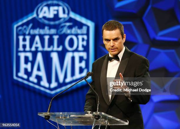 Inductee Matthew Scarlett speaks during the Australian Football Hall of Fame at Crown Palladium on May 29, 2018 in Melbourne, Australia.