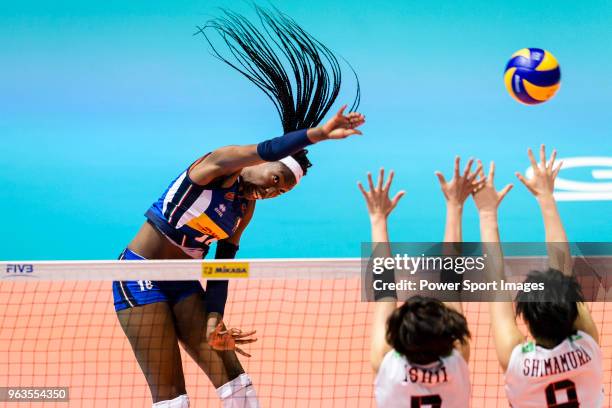 Paola Ogechi Egonu of Italy attacks during the FIVB Volleyball Nations League Hong Kong match between Japan and Italy on May 29, 2018 in Hong Kong,...