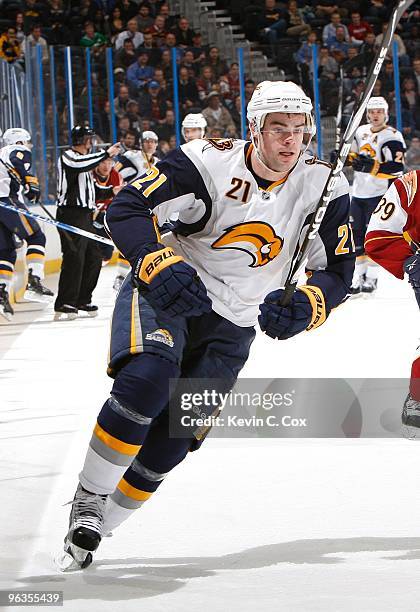 Drew Stafford of the Buffalo Sabres against the Atlanta Thrashers at Philips Arena on January 14, 2010 in Atlanta, Georgia.