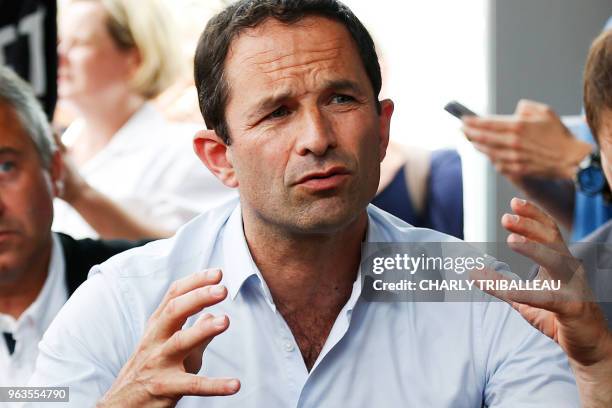 Benoit Hamon, leader of the left-wing political movement Generations , speaks during a meeting with seven employees of the Centre Hospitalier Du...