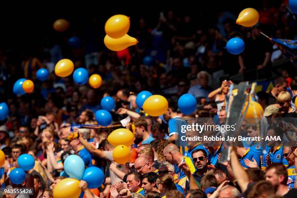 Fans of Shrewsbury Town throw balloons during the Sky Bet League One Play Off Final between Rotherham United and Shrewsbury Town at Wembley Stadium...