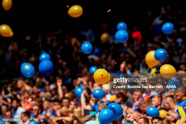 Fans of Shrewsbury Town throw balloons during the Sky Bet League One Play Off Final between Rotherham United and Shrewsbury Town at Wembley Stadium...