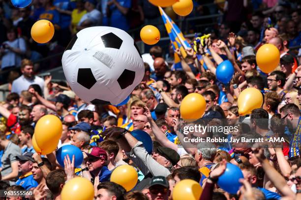 Fans of Shrewsbury Town throw a giant inflatable football during the Sky Bet League One Play Off Final between Rotherham United and Shrewsbury Town...