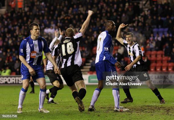 Stephen Hunt of Notts County celebrates after scoring the opening goal during the FA Cup sponsored by E.ON 4th Round Replay match between Wigan...