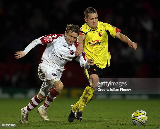 Heidar Helguson of Watford battles with Derek Geary of Sheffield United during the Coca-Cola Championship match between Watford and Sheffield United...