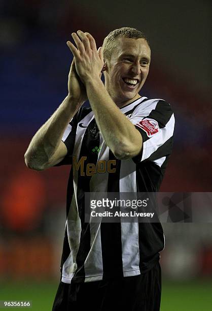 Goalscorer Stephen Hunt of Notts County celebrates after victory over Wigan Athletic in the FA Cup sponsored by E.ON 4th Round Replay match between...