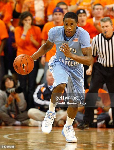 Larry Drew II of the North Carolina Tar Heels against the Clemson Tigers at Littlejohn Coliseum on January 13, 2010 in Clemson, South Carolina.