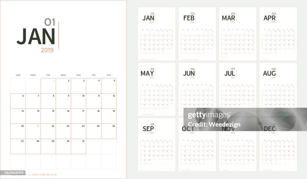 Vector of 2019 new year calendar in minimal table simple style and organic tone color,Holiday event planner,Week Starts Sunday,A5 size.