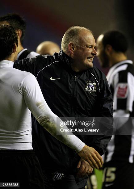 Dave Kevan the manager of Notts County celebrates after victory over Wigan Athletic in the FA Cup sponsored by E.ON 4th Round Replay match between...