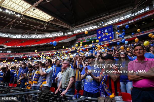 General view of Shrewsbury Town fans during the Sky Bet League One Play Off Final between Rotherham United and Shrewsbury Town at Wembley Stadium on...