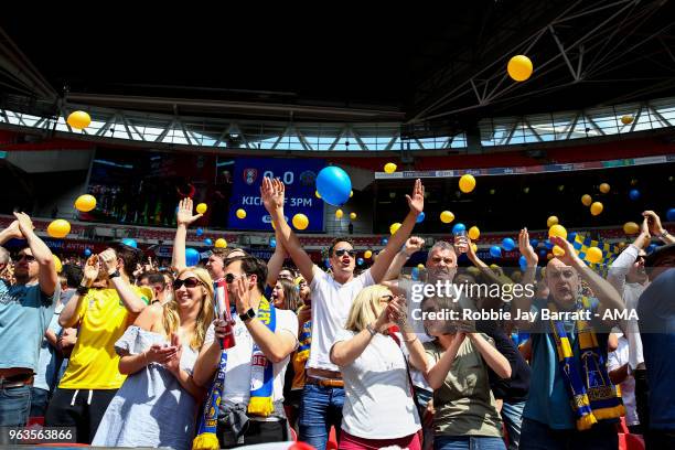 Fans of Shrewsbury Town during the Sky Bet League One Play Off Final between Rotherham United and Shrewsbury Town at Wembley Stadium on May 27, 2018...