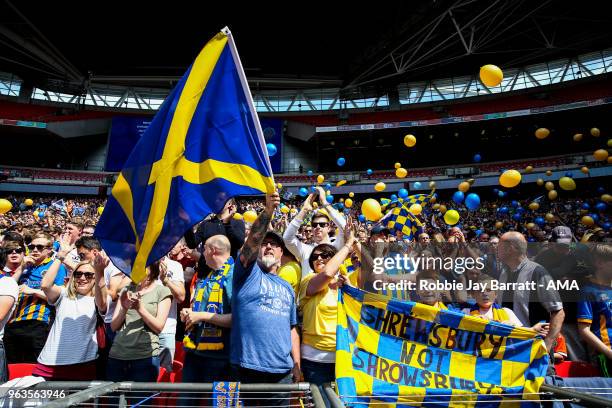 Fans of Shrewsbury Town during the Sky Bet League One Play Off Final between Rotherham United and Shrewsbury Town at Wembley Stadium on May 27, 2018...